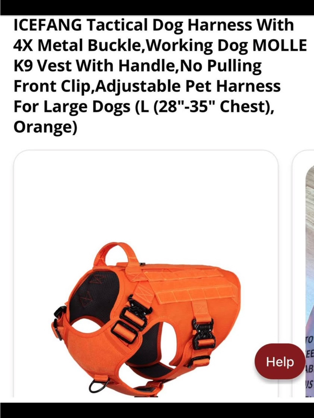 FANG Orange Tactical MOLLE Dog Harness with Handle